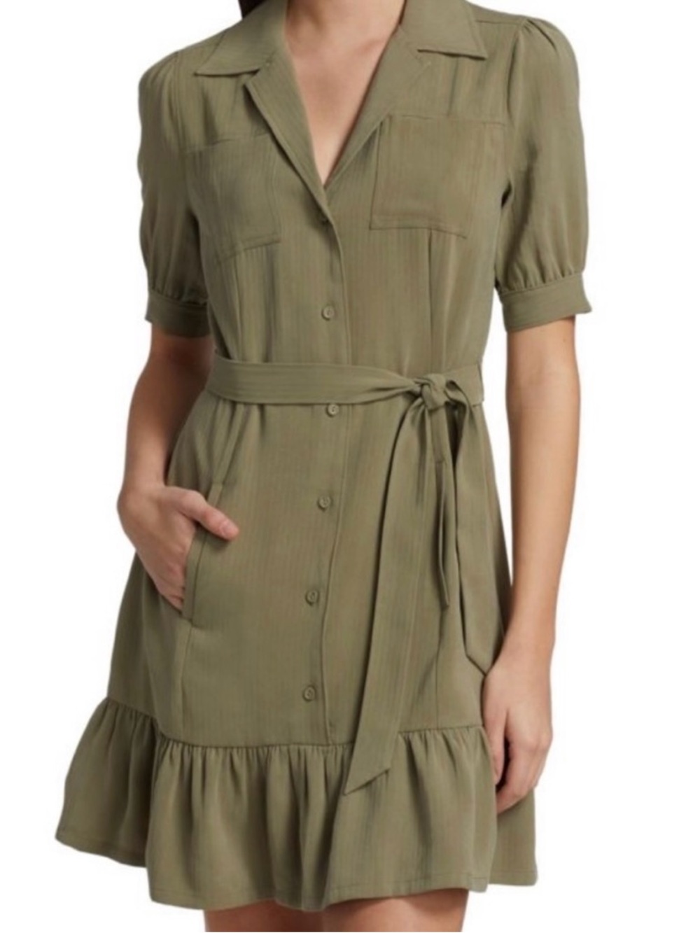PAIGE Olive Green Button-Front Shirt Mini Dress with Tie Waist, Size Medium